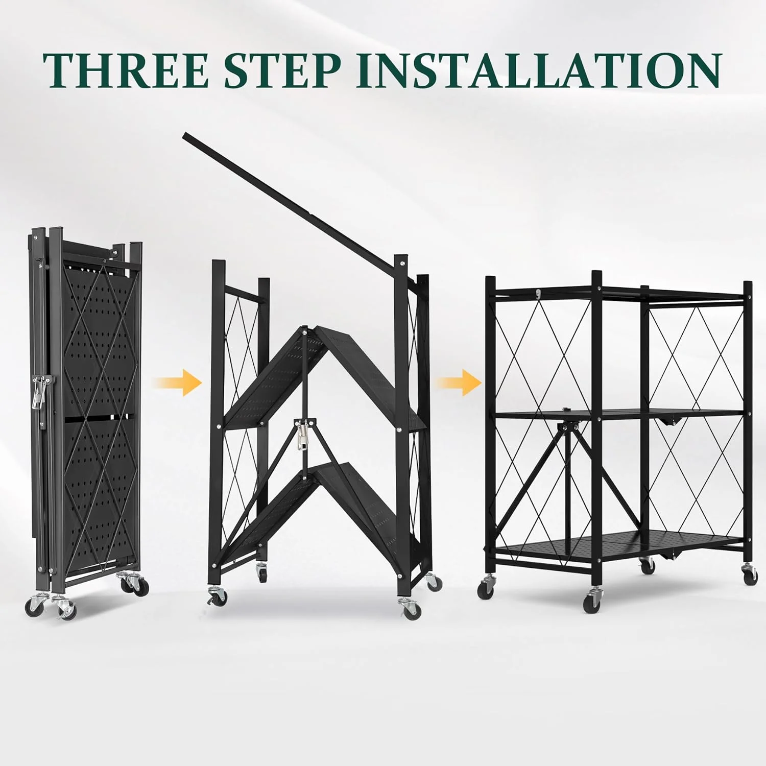 Foldable 4-Tier Storage Shelves with Wheels, No Assembly Bookshelf, Heavy Duty Kitchen Racks and Shelves, Rolling Microwave Cart, Black