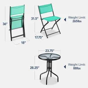 Best Choice Products 3-Piece Patio Bistro Dining Furniture Set w/ Glass Tabletop, Folding Chairs - Gray