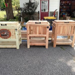 All Weather 48 Quart Antiqued Cedar Cooler Stand with Brass Drain, Bottle Opener and Cap Catcher, Beer Cooler.