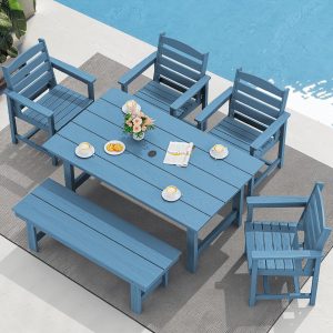 SERWALL 7-Piece Patio Table Set, Outdoor HDPE Dining Furniture with Umbrella Hole, All Weather Table and Chairs for Lawn, Garden, Poolside, Aruba