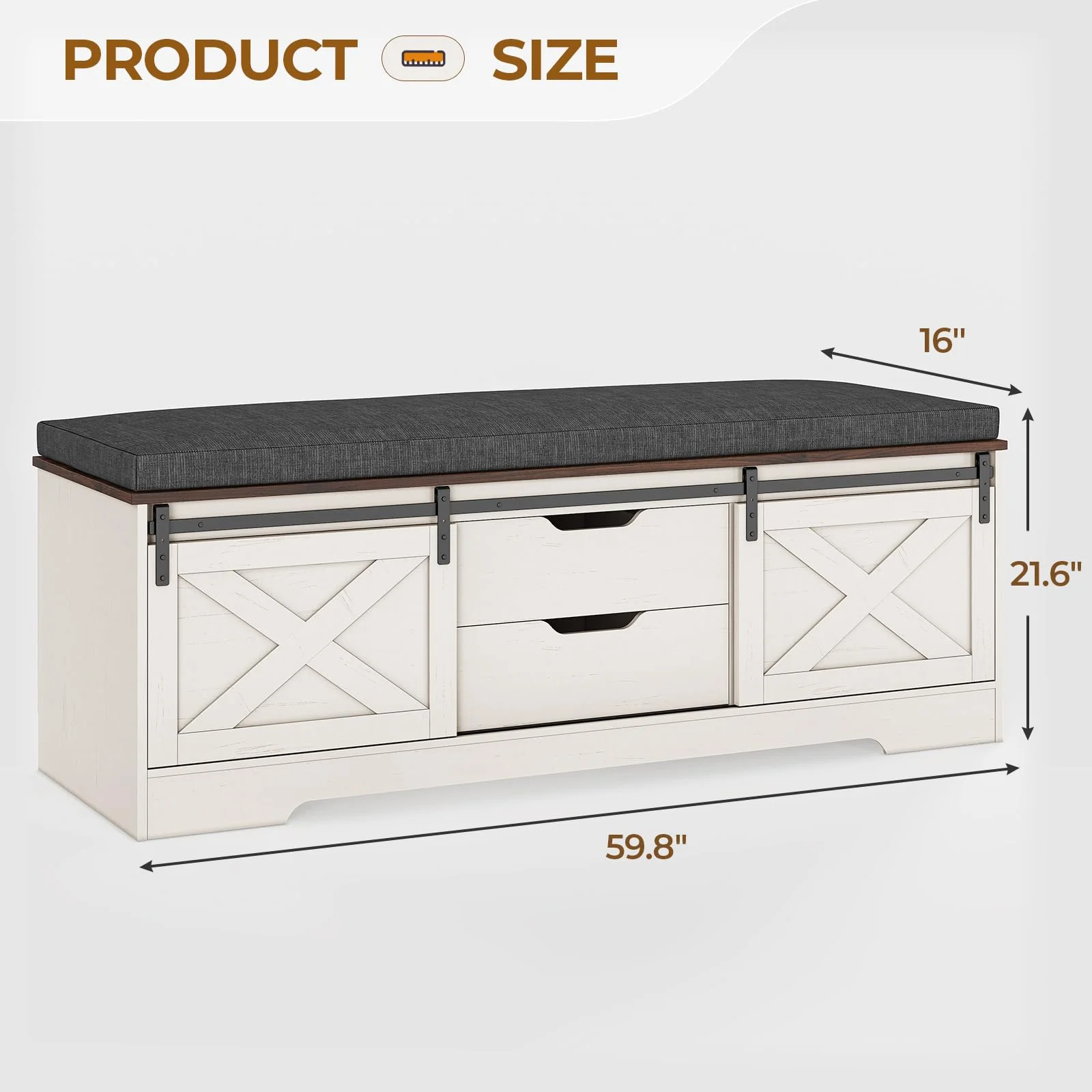 Farmhouse Storage Bench with Cushion, 31.4in Shoe Cabinet with Metal Barn Door and Half Hidden Storage Space for Entryway, Bedroom, Living Room, Old White
