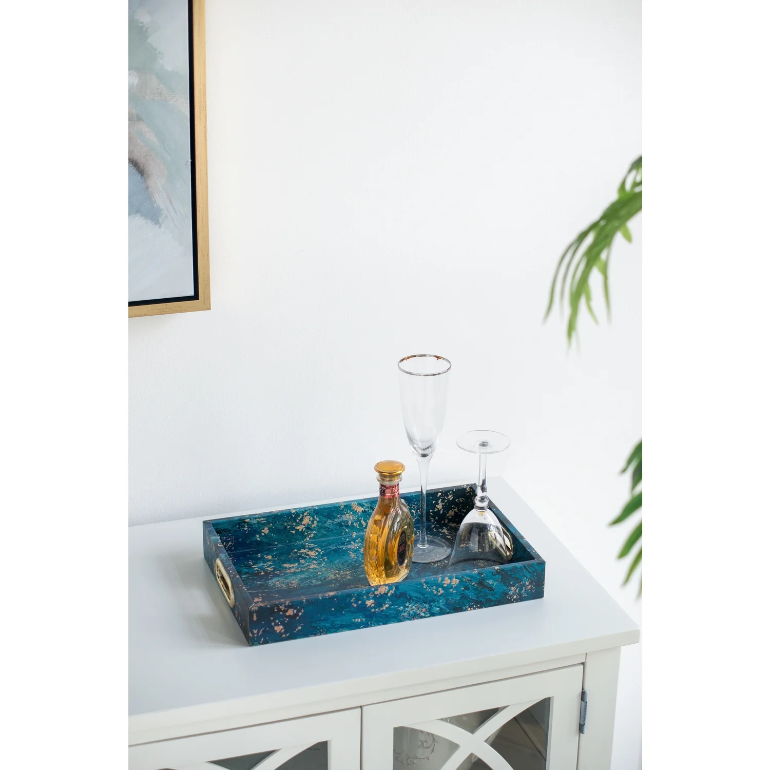 A&B Home Decorative Tray with Handles - Modern Minimalist Style Faux Leather Set of 2 Perfume Tray for Ottoman Couch Centerpiece Table D??cor, Blue