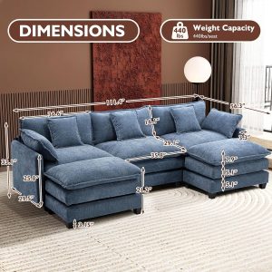 Ihanherry 146" U-Shaped Modern Sofa Modular Sectional Cloud Couch with 2 Ottoman, 6-Seat Chenille Deep Seat Sofa with 6 Pillows for Living Room, Bedroom and Apartment, Grey