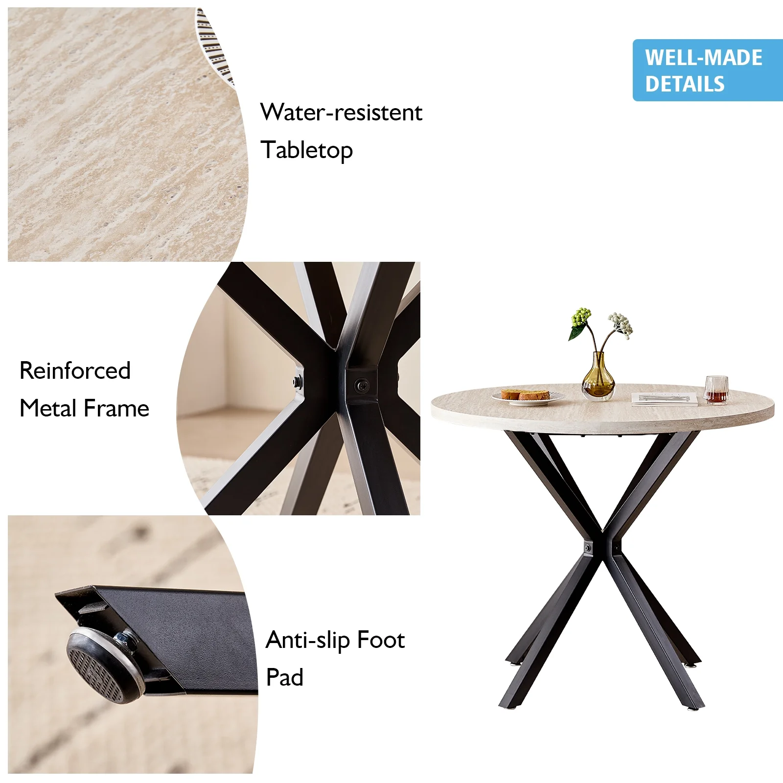 39- Round Dining Table, Modern Small Kitchen Table for 4 with X-Shaped Metal Legs and 1.2" Thickness Tabletop for Kitchen Dining Room, Coffee Table, Oak