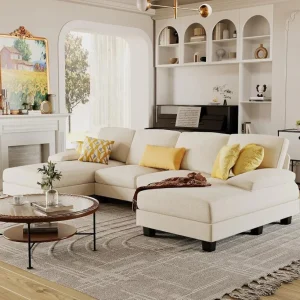 Furmax Sectional Couches for Living Room, U-Shaped Sofa Couch with Linen Fabric, 4 Seat Sofa Set with Double Chaise for Apartment (Fabric, Grey)
