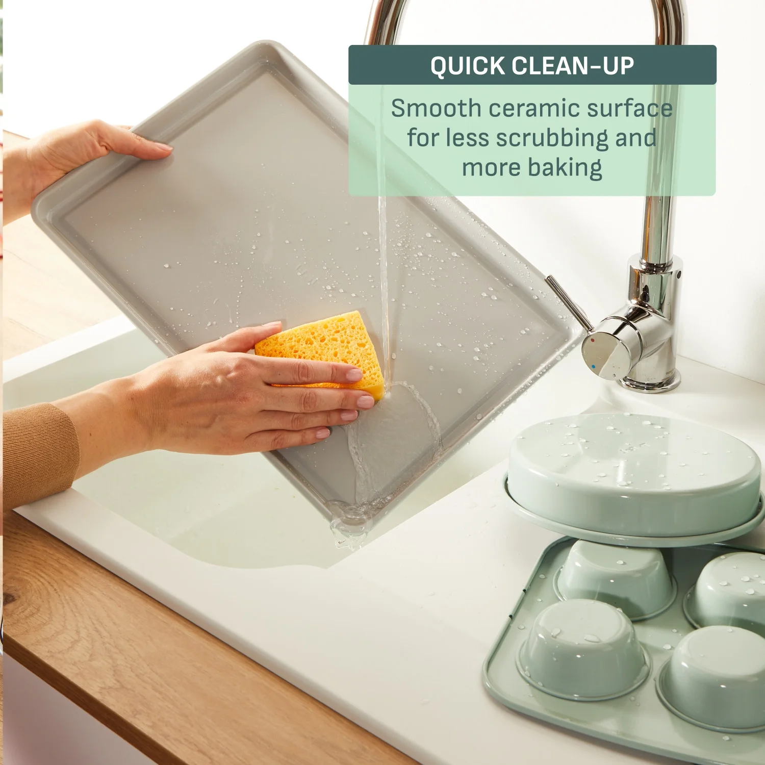 T-fal Stackable Ceramic Non-Stick Bakeware, 5 Piece Set, Mint Green
