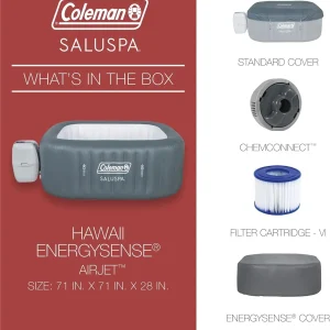 4 to 6 Person Inflatable Hot Tub Square Portable Outdoor Spa with 114 Soothing AirJets and Insulated Cover, Gray-Coleman