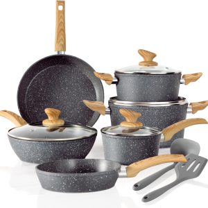 Kitchen Academy Induction Cookware Sets - 12 Piece Green Cooking Pan Set, Granite Nonstick Pots and Pans Set
