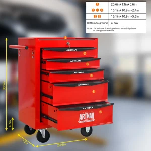 Tool Cabinets 4 Drawers Multifunctional Tool Cart with Wheels,Metal Rolling Tool Cart Storage for Garage Workshop Warehouse Repair Shop--With Stainless Steel Roof- Red&Black,Garage Tool Cabinets