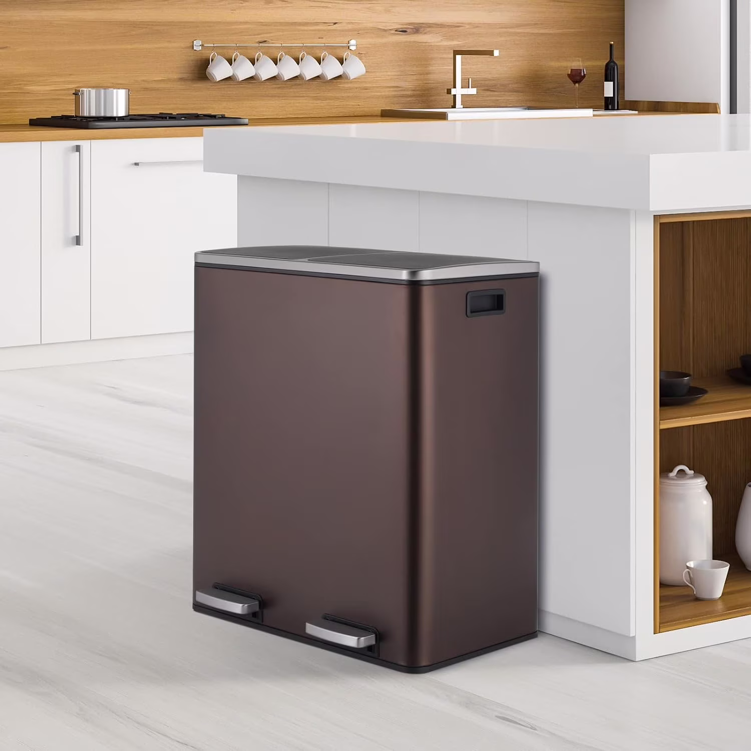 Arlopu 60 L/16 gal Dual Trash Can, Stainless Steel Garbage Can for Kitchen, Recycle Bin with Lid