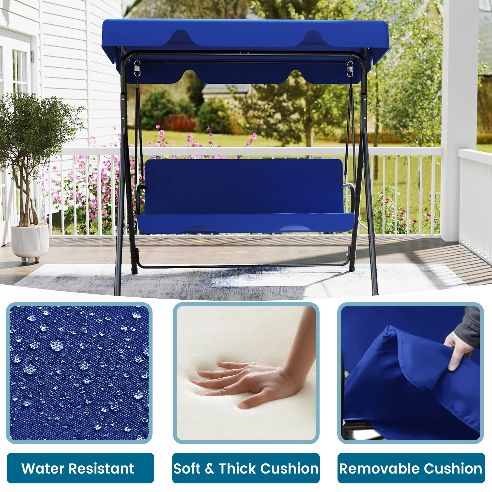 Melocadol 3 Seats Outdoor Porch Swing Glider, Patio Swing Chair with All Weather Covered Canopy and Rust Proof Heavy Duty Stand, for Garden, Lawn, or Backyard, Black