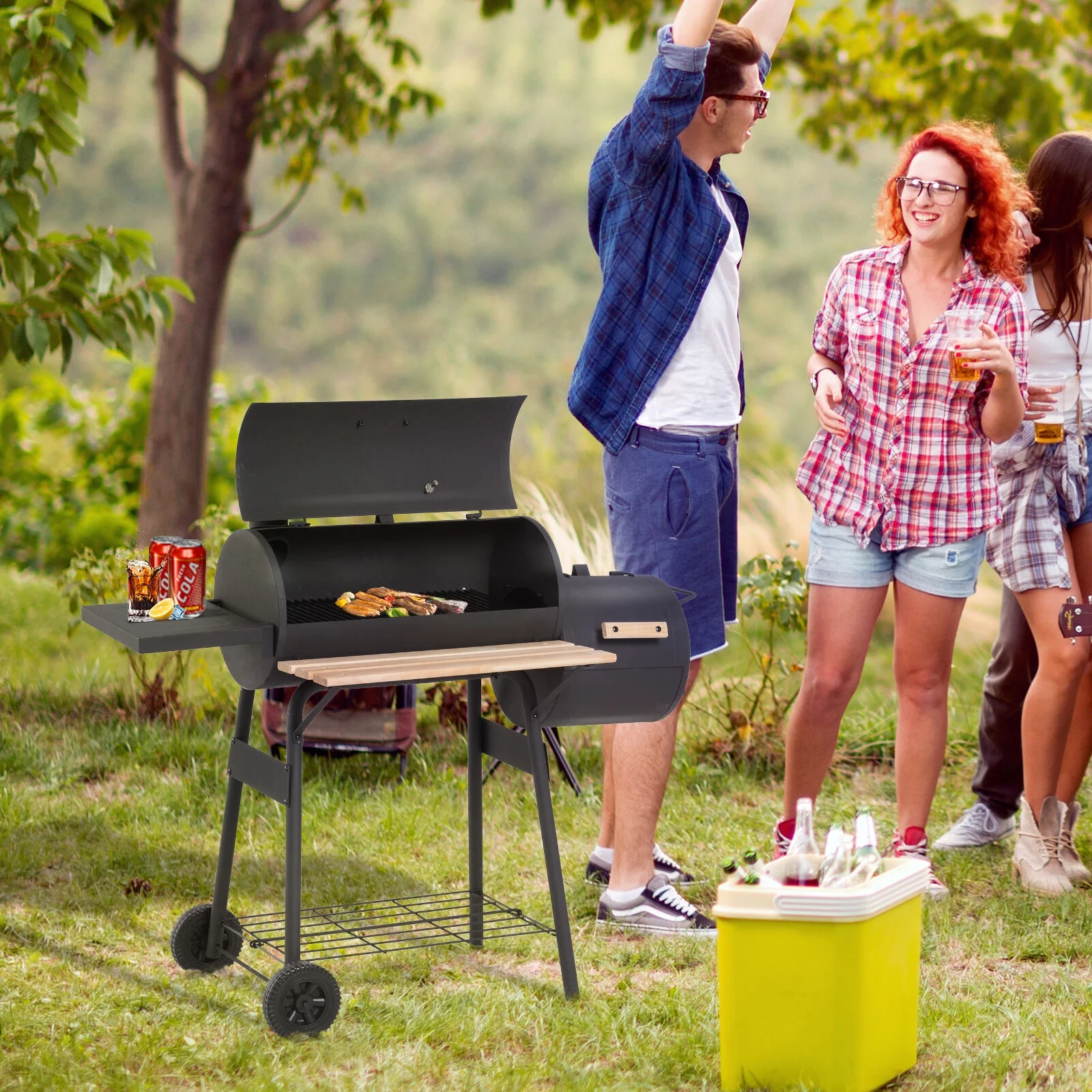 DUOSONG Outsunny 48" Steel Portable Backyard Charcoal Bbq Grill And Offset Smoker Combo With Wheels Black Steel Garden & Outdoor BBQ Grills & Utensils