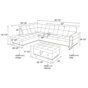 Aukfa 3 Piece Sectional Sofa, Living Room Couch with Storage Ottoman&Cup Holder, Linen, Right Hand, Purple