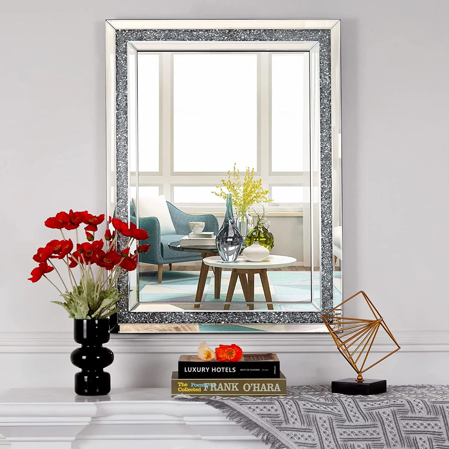 SHYFOY Rectangle Decorative Wall Mirror Crushed Diamond Vanity Mirror Wall Mounted Makeup Mirror for Home Decor