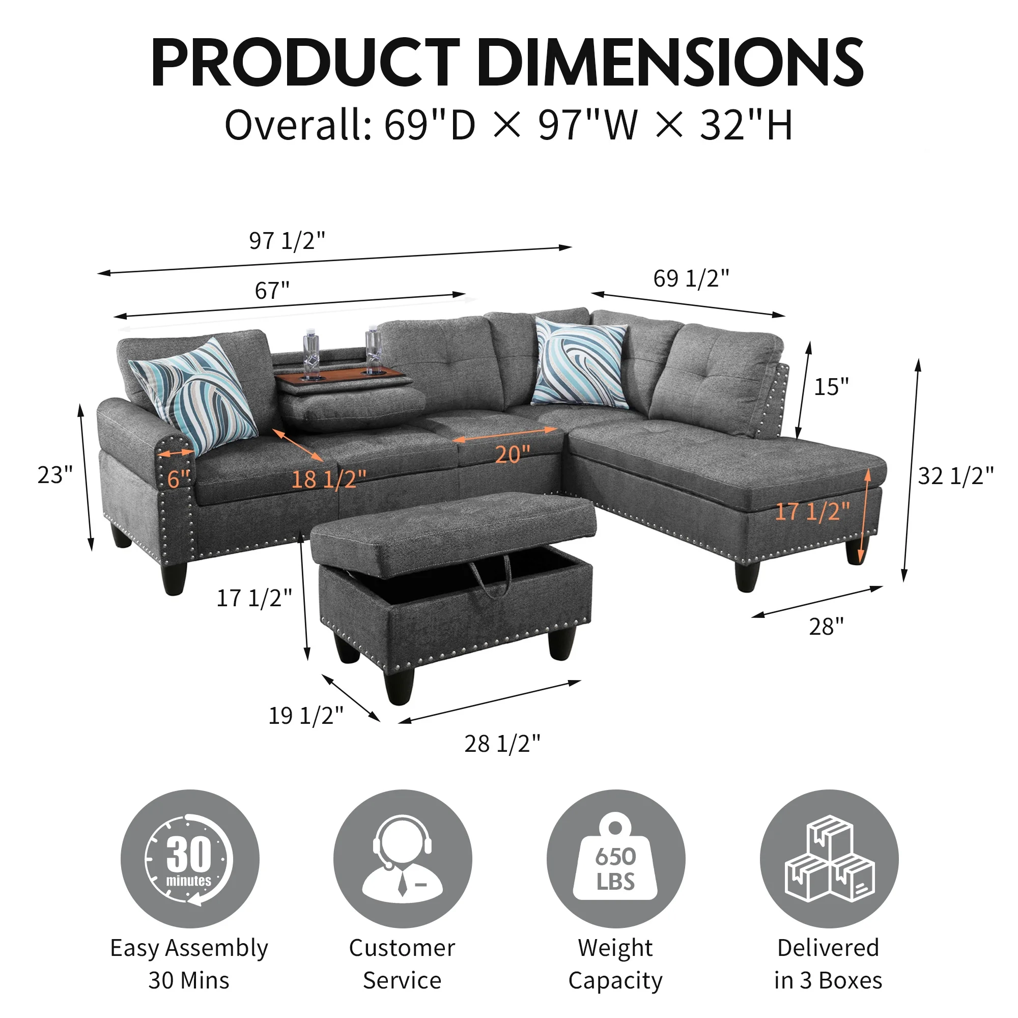 Aukfa 3 Piece Sectional Sofa, Living Room Couch with Storage Ottoman&Cup Holder, Linen, Right Hand, Purple