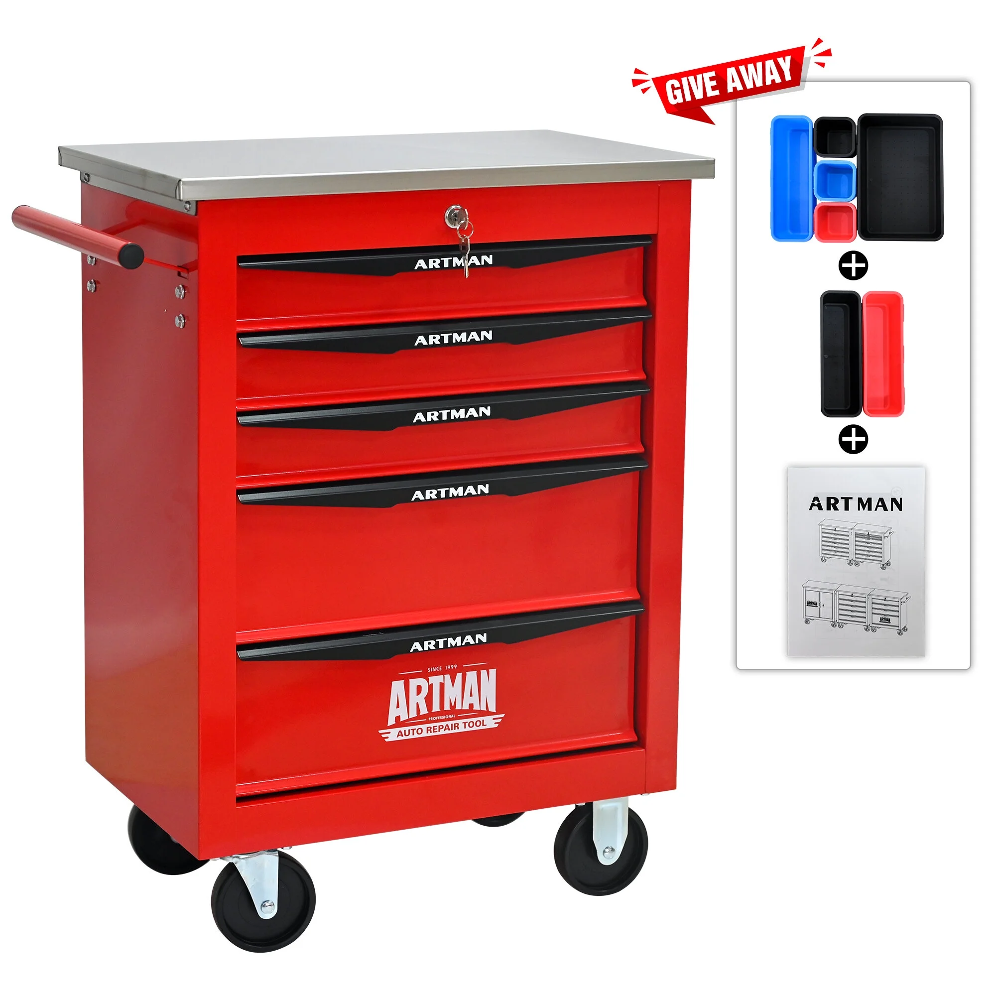 Tool Cabinets 4 Drawers Multifunctional Tool Cart with Wheels,Metal Rolling Tool Cart Storage for Garage Workshop Warehouse Repair Shop--With Stainless Steel Roof- Red&Black,Garage Tool Cabinets