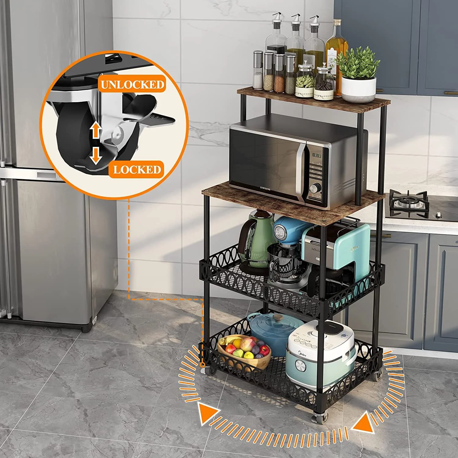BATE 4-Tier Kitchen Storage Baker's Rack 48 inch Microwave Oven Rack Shelves Kitchen Storage Organizer with Metal Wheels