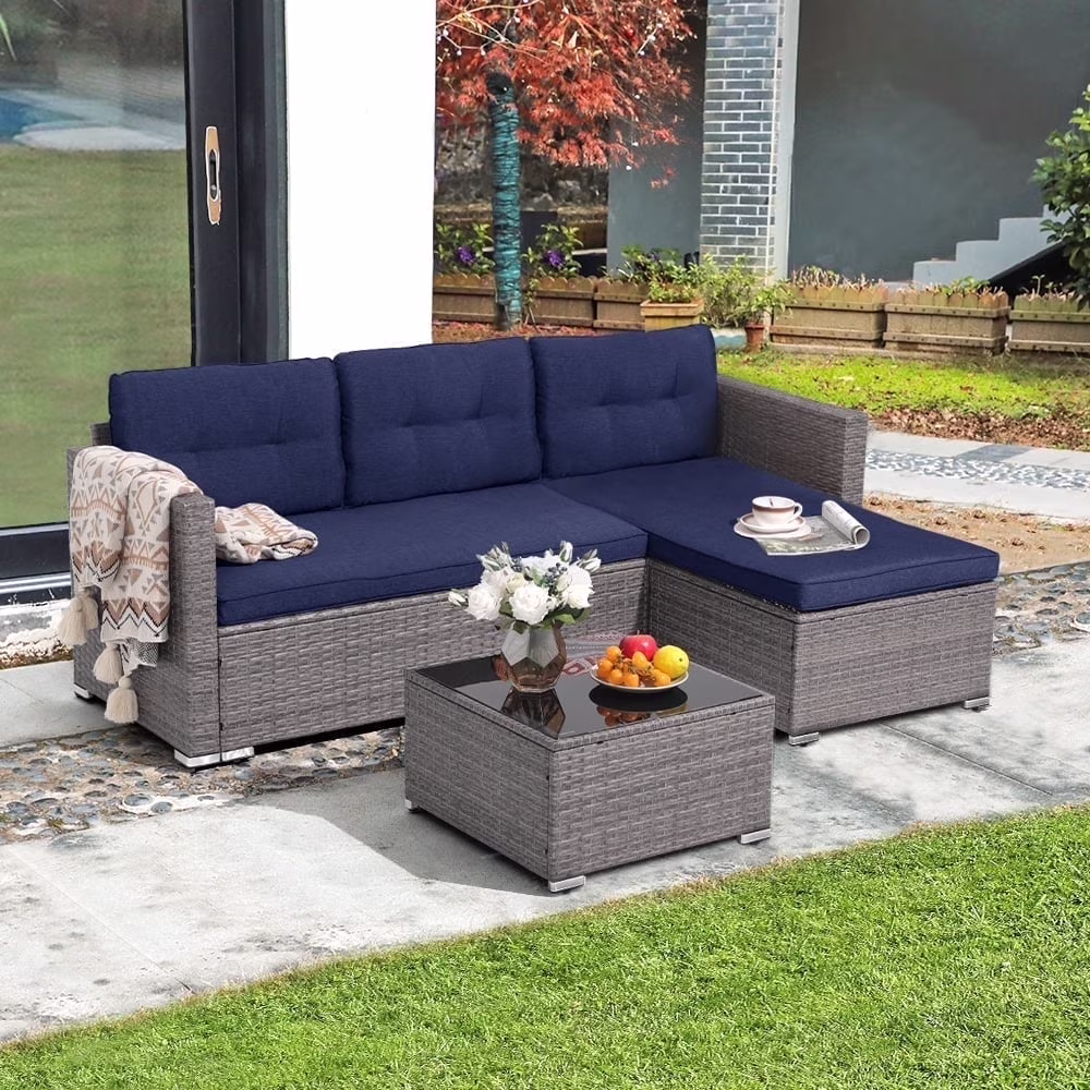JOIVI 3 Pieces Patio Conversation Set, PE Wicker Rattan Outdoor Furniture Set, 2 Ways Small Sectional Sofa, Tempered Glass Coffee Table, Silver-Gray