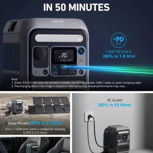 Anker Solar Generator SOLIX C300 with 60W Solar Panel, 288Wh Portable Power Station, 300W (600W Surge), LiFePO4 Battery, 140W Two-Way Fast Charging, for Outdoor Camping, Traveling, and Emergencies