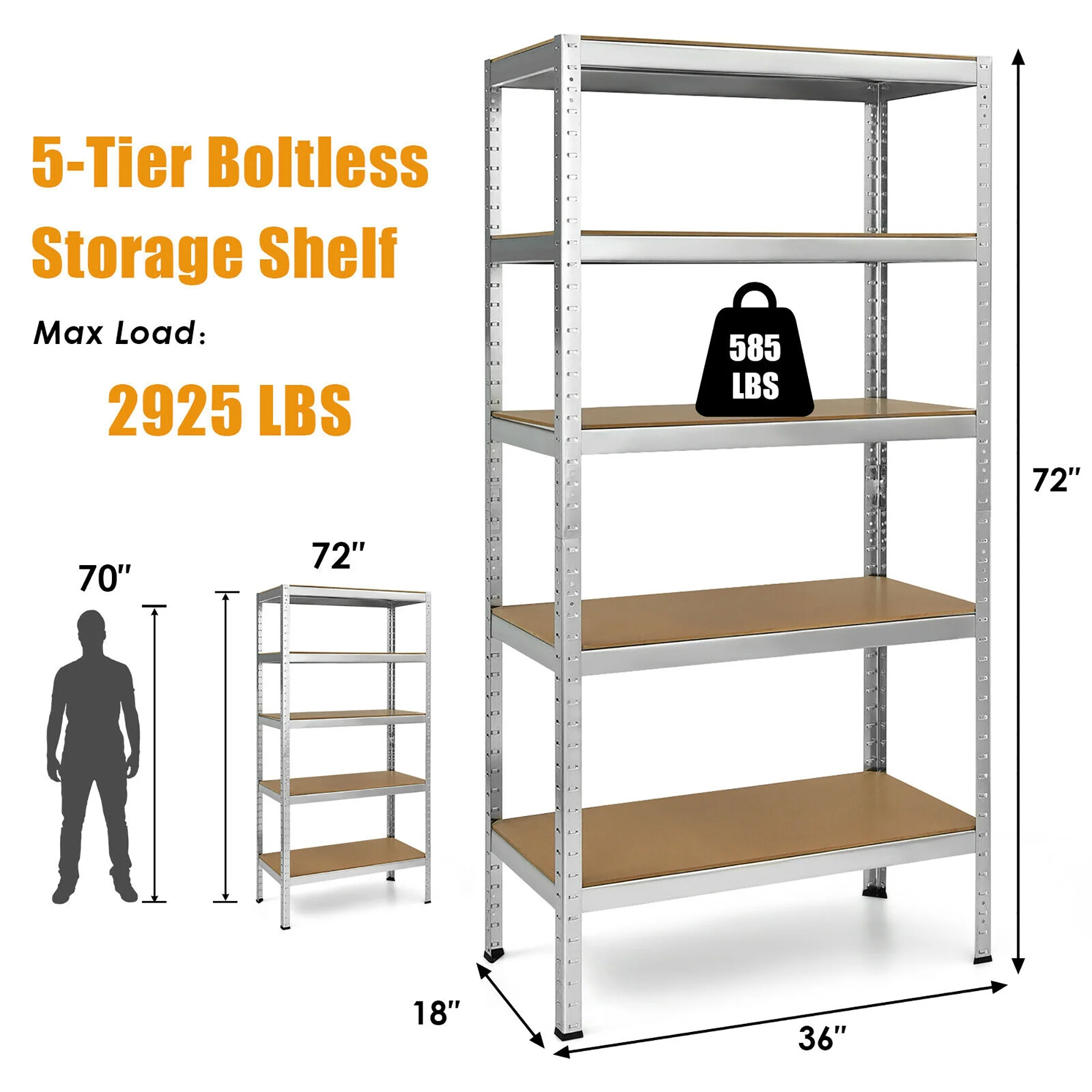 Costway 72'' Heavy Duty Steel 5 Level Garage Shelf Storage Adjustable Shelves Silver