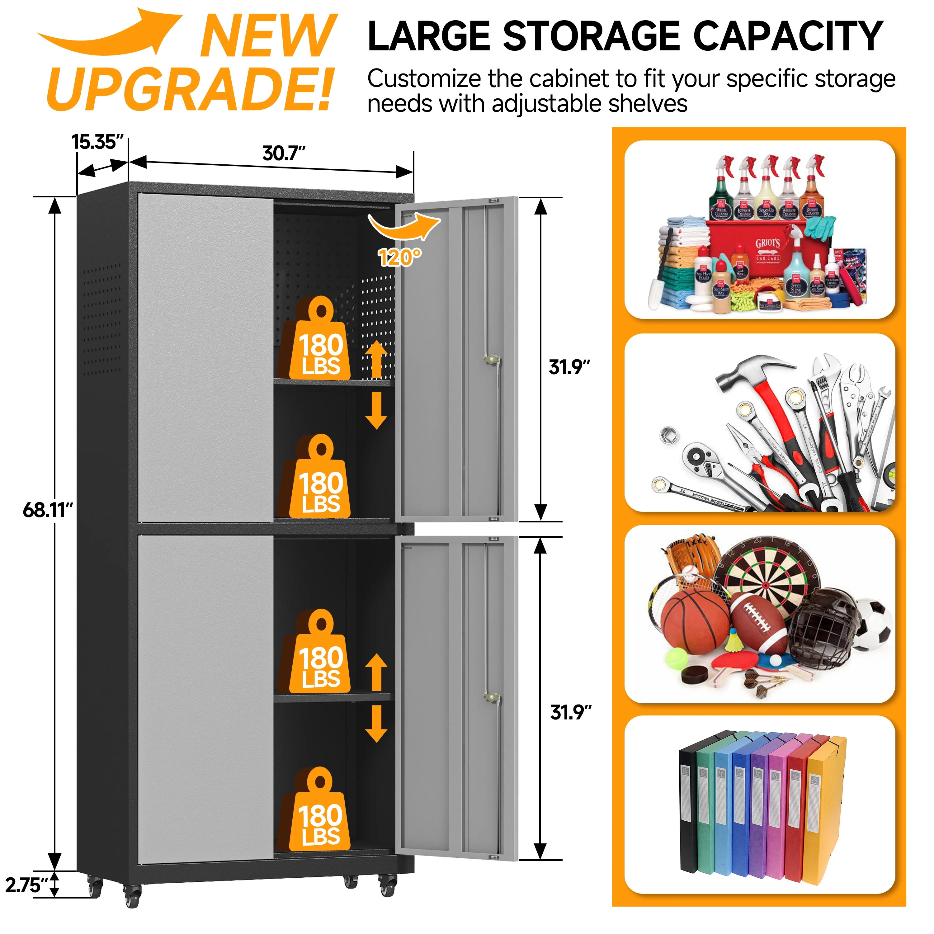 Metal Storage Cabinet with Wheels,Rolling Tool Cabinet with Doors and Adjustable Shelves,Heavy Duty Garage Storage Cabinet,Steel Locking Storage Cabinet for Garage/Warehouse/Office/School/Home-Black