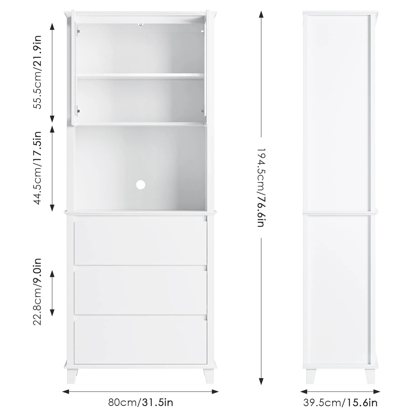 Homfa 3-Drawer Kitchen Storage Cabinet, 76.6'' Tall Cabinet with Clear Glass Door for Bathroom, White