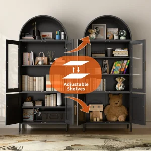 SUXXAN Metal Arched Storage Display Lockable Cabinets with Glass Doors and Adjustable Shelves, Assembly Required, Black
