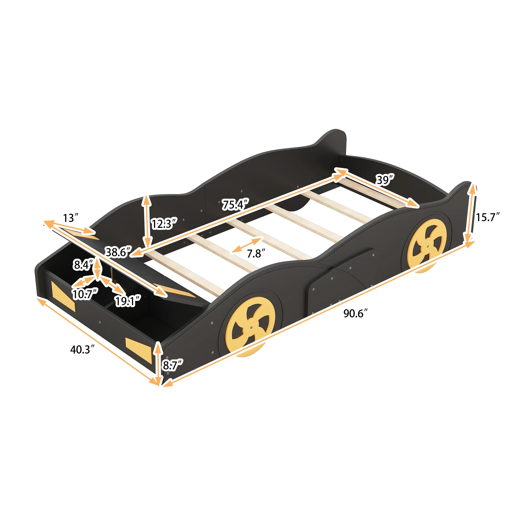 Euroco Car-Shaped Twin Size Platform Bed with Tires and Storage Cabinet for Kids Bedroom, Black