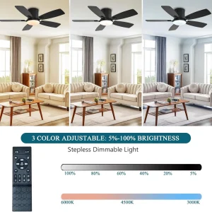 42 Inch Low Profile Ceiling Fans with Lights and Remote, Flush Mount Modern Ceiling Fan, 3 CC T DC Ceiling Fan for Bedroom, Living Room, Brushed Nickel