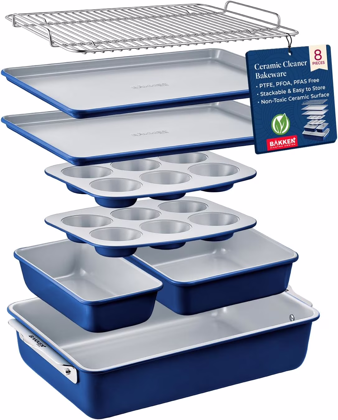 8-Piece Stackable Bakeware Set - Aluminized Steel with Ceramic Non-Stick Coating, Healthy Baking, Ergonomic Handles, Cooling Rack, Non-Toxic, Oven-Safe, Durable Quality