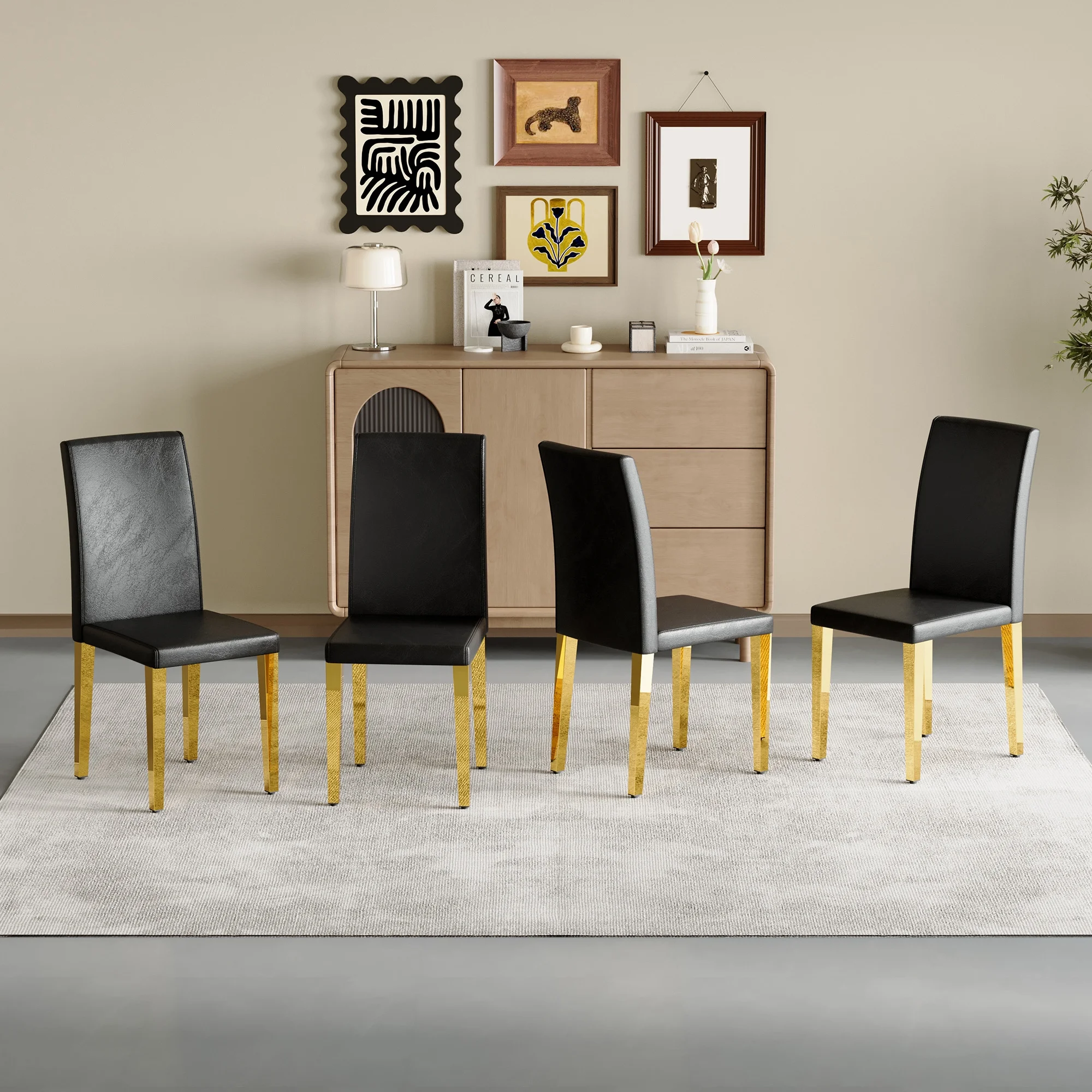 Set of 4 black PU leather backrest chairs with gold metal legs -A perfect pairing, ideal for minimalist and modern home decor styles, with product dimensions of 16.2*18.5*34.6 inches.