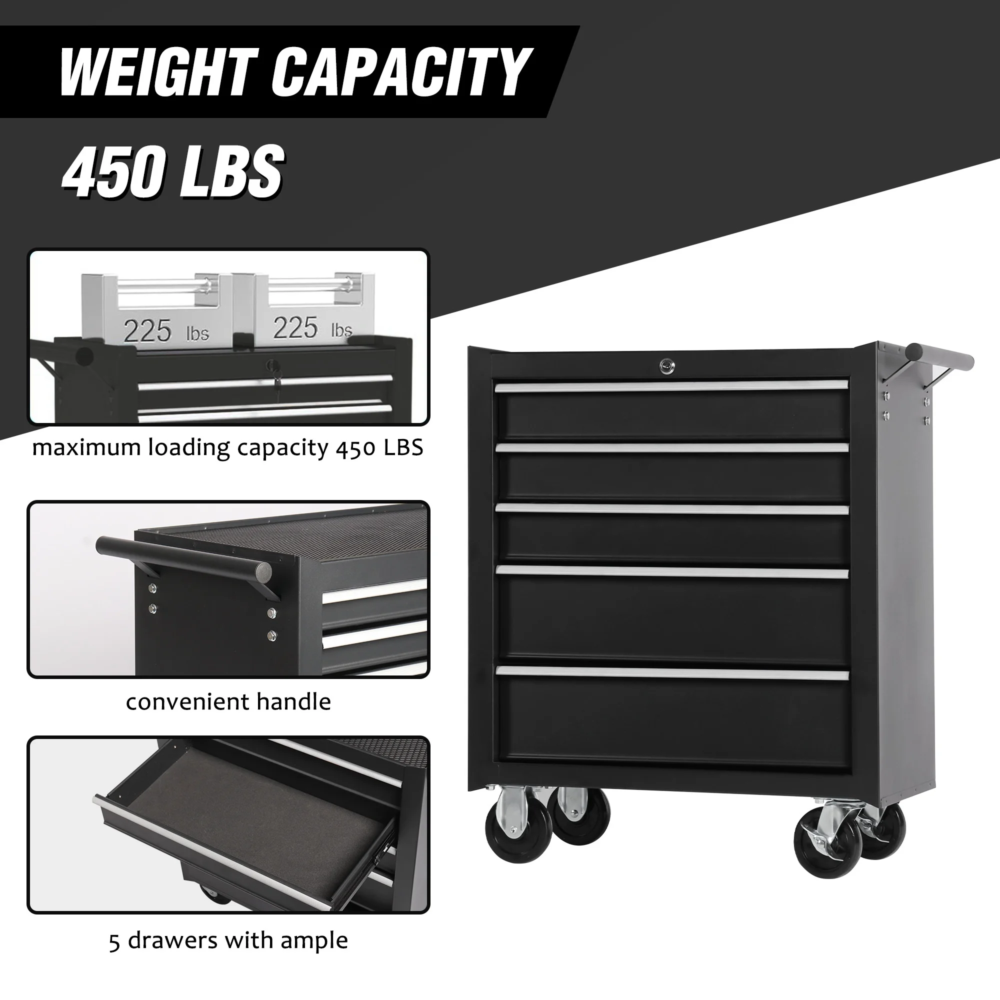 Tool Chest on Wheels, 5-Drawer Rolling Tool Box with Workbench Top, Multifunctional Tool Storage Organizer for Garage, Warehouse, Workshop