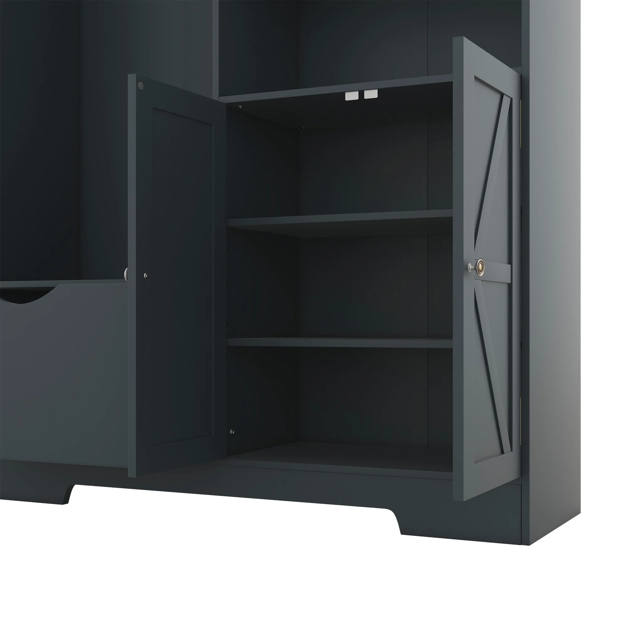Bellemave 59"W Farmhouse Hall Tree with Storage Shelves and Shoes Rack Multi-functional Coat Rack with Hooks Entryway Shoes Storage Seating Bench Coat Hanger for Hallway (Black, With Shoes Rack)