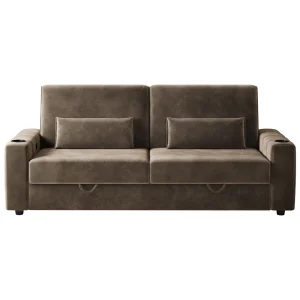 87-Large Loveseat Sofa, 3 Seater Couch with Storage, Velvet Fabric Deep Seat Sofa with Pillow& Cup Holders, Modern Comfy Sofa with USB& Type-C Ports, Home Sofa Couch for Living Room Bedroom