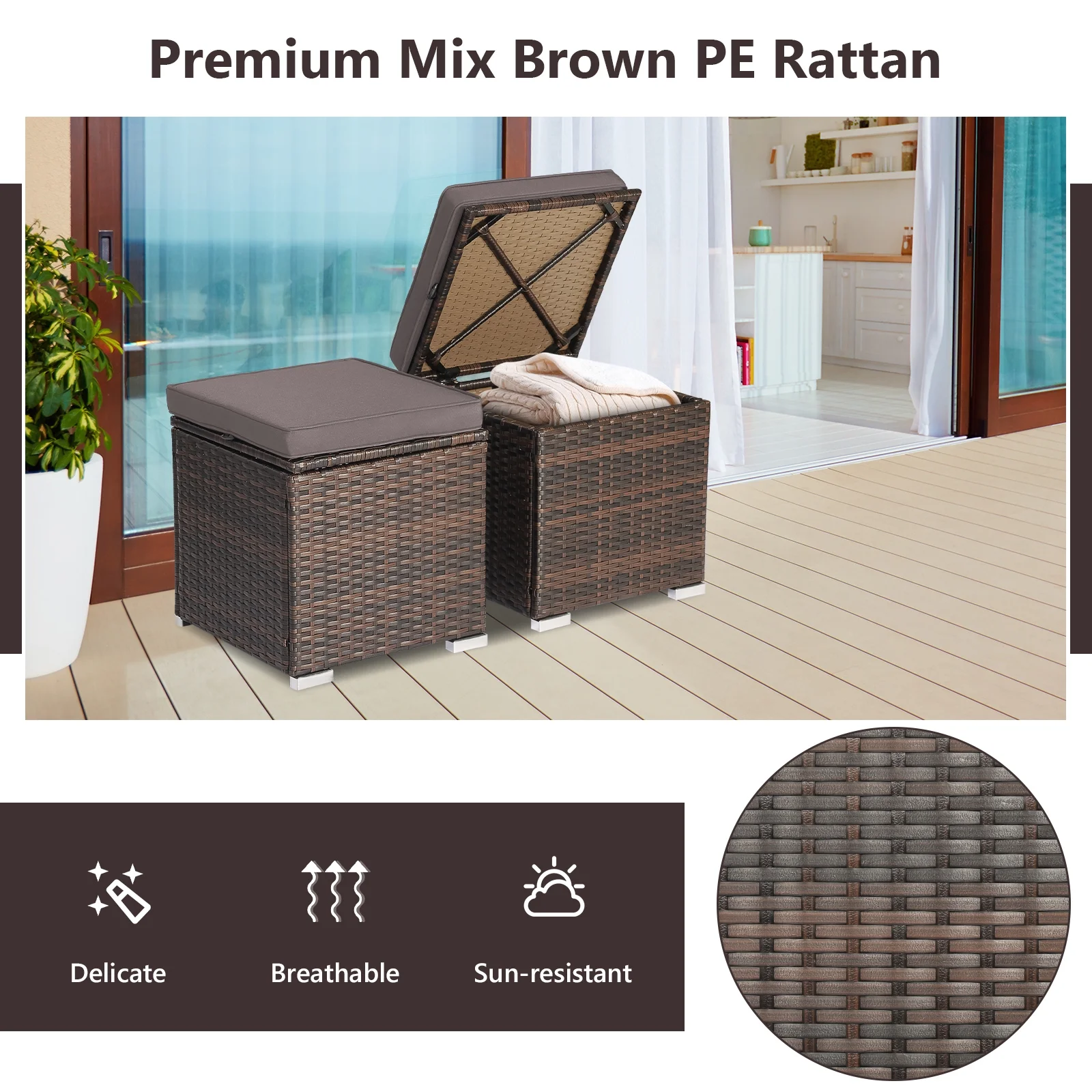 Costway 2PC Patio Rattan Ottoman Seat Side Table Storage Box Footrest Off White