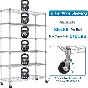 6 Tier Wire Shelving Unit Metal Storage Shelves w/Wheels, 350 Capacity Per Shelf, Heavy Duty Steel Garage Shelf, 48" L X 18" W X 82" H Pantry Kitchen Closet Racks
