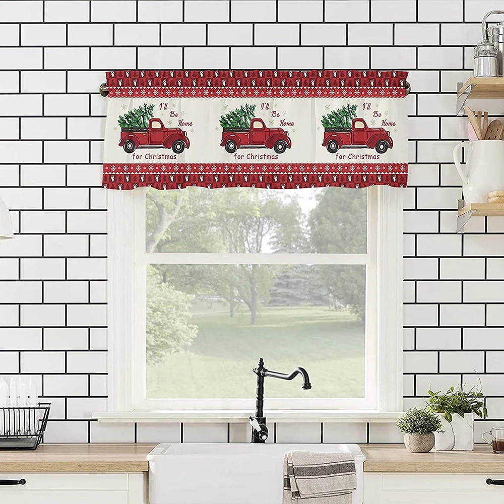 Capreze Christmas Window Drapes Xmas Kitchen Valance Short Curtain Slot Top Window Drapes Curtain Cafe Tier Christmas Short Curtain D W:91"x H:18"
