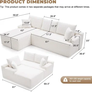 110 Cloud Sectional Couch, Boneless Sofa for Living Room Modular Sectional Sofa with Deep Seat