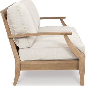 Signature Design by Ashley Clare View Coastal Outdoor Patio Eucalyptus Sofa with Cushions, Beige