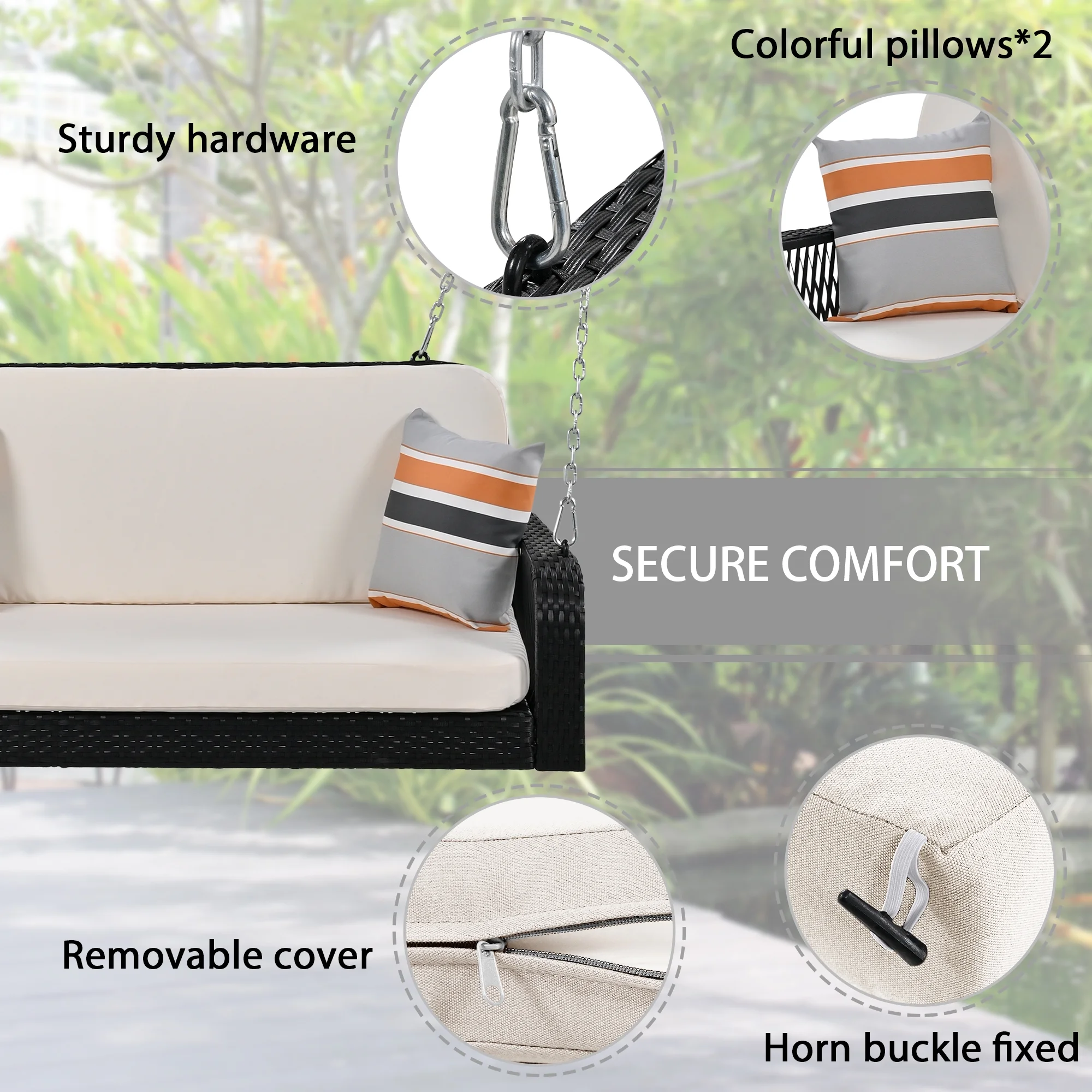 Harper & Bright Designs PE Ratten Porch Swing Chair, 2-Seater Hanging Swing Bench with Chains, All Weather Design Patio Furniture Swing for Backyard Garden Poolside, Grey and White