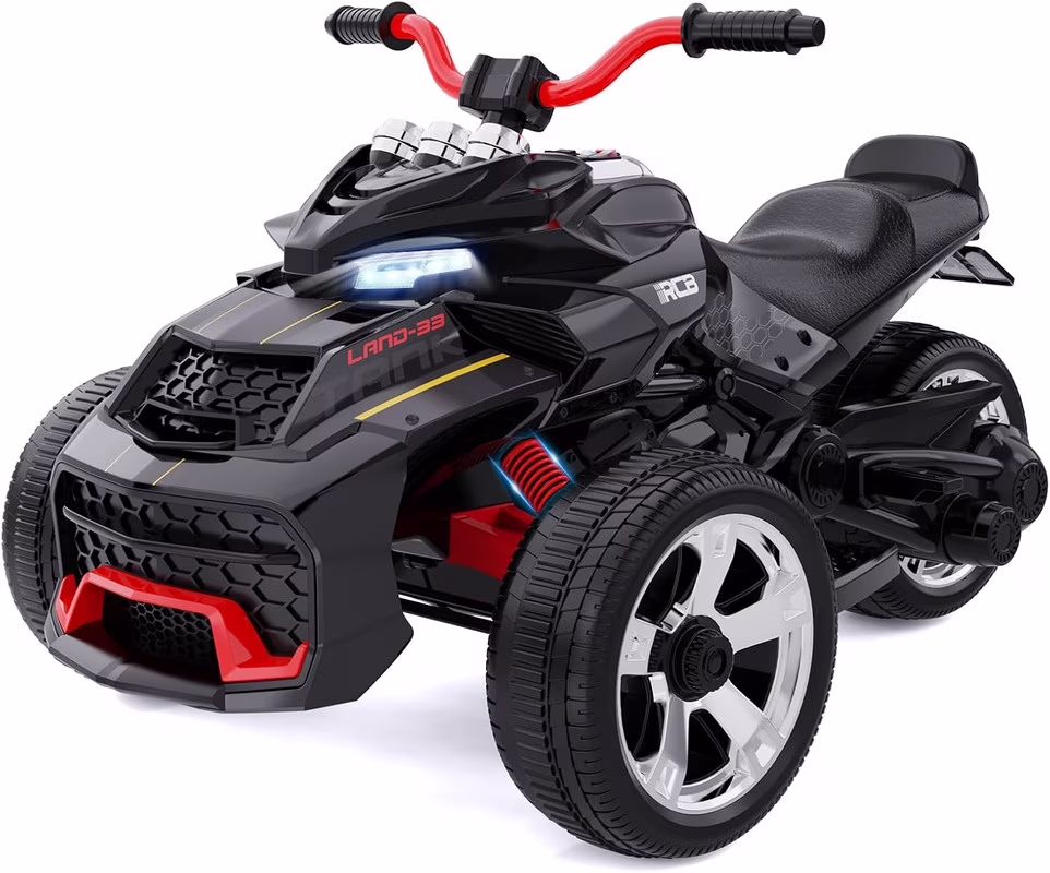 RCB 12V Electric Ride-On,Dual Motors,Music,Up to 5 mph,3 Wheel ATV Style for Kids Ages 3+,Black