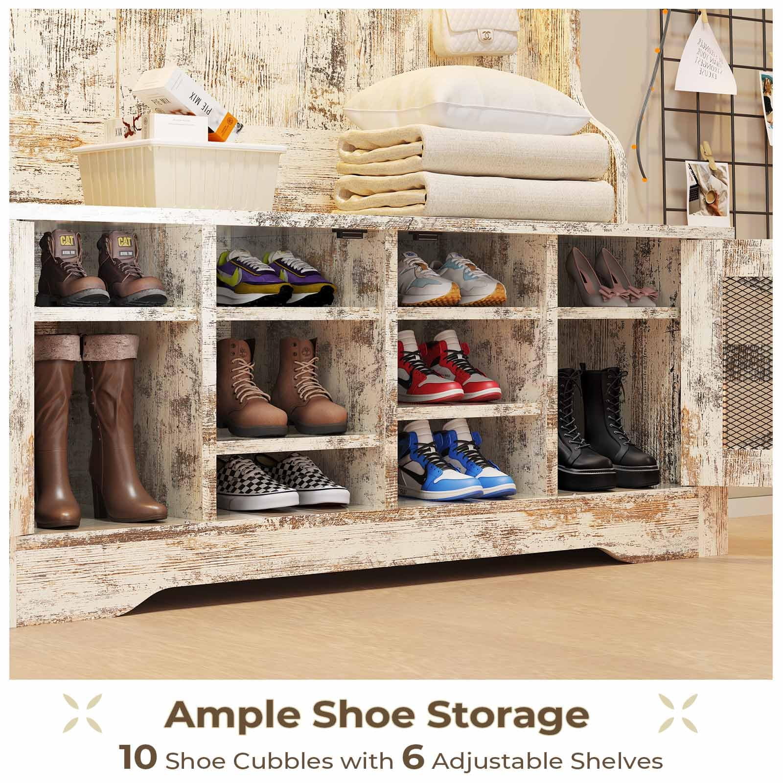 5-in-1 Entryway Bench with Coat Rack, Hall Tree with Bench and Shoe Storage, Rustic Brown