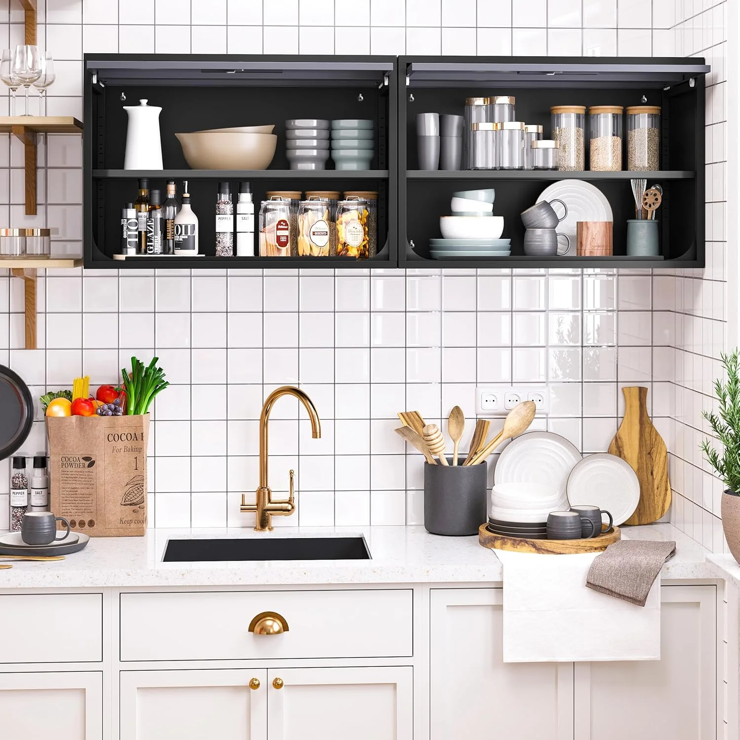 Metal Wall Storage Cabinet with Lock 2 Shelving Garage Storage Cabinet with Flip-Up Door Hanging Garage Cabinet for Kitchen Home Workshop,Assembly Required (Black Gray, 21.6''H)