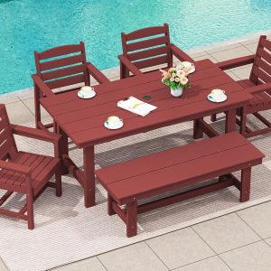 SERWALL 7-Piece Patio Table Set, Outdoor HDPE Dining Furniture with Umbrella Hole, All Weather Table and Chairs for Lawn, Garden, Poolside, Aruba