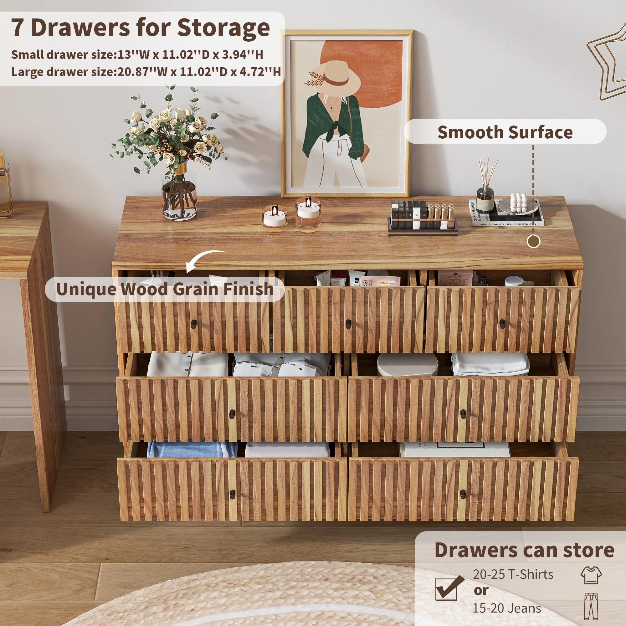 Oubayajia 7 Drawer Double Dresser, Fluted Chest of Drawers, Wood Storage Cabinet for Bedroom, Living Room, Hallway, Walnut