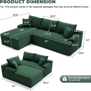 110 Cloud Sectional Couch, Boneless Sofa for Living Room Modular Sectional Sofa with Deep Seat