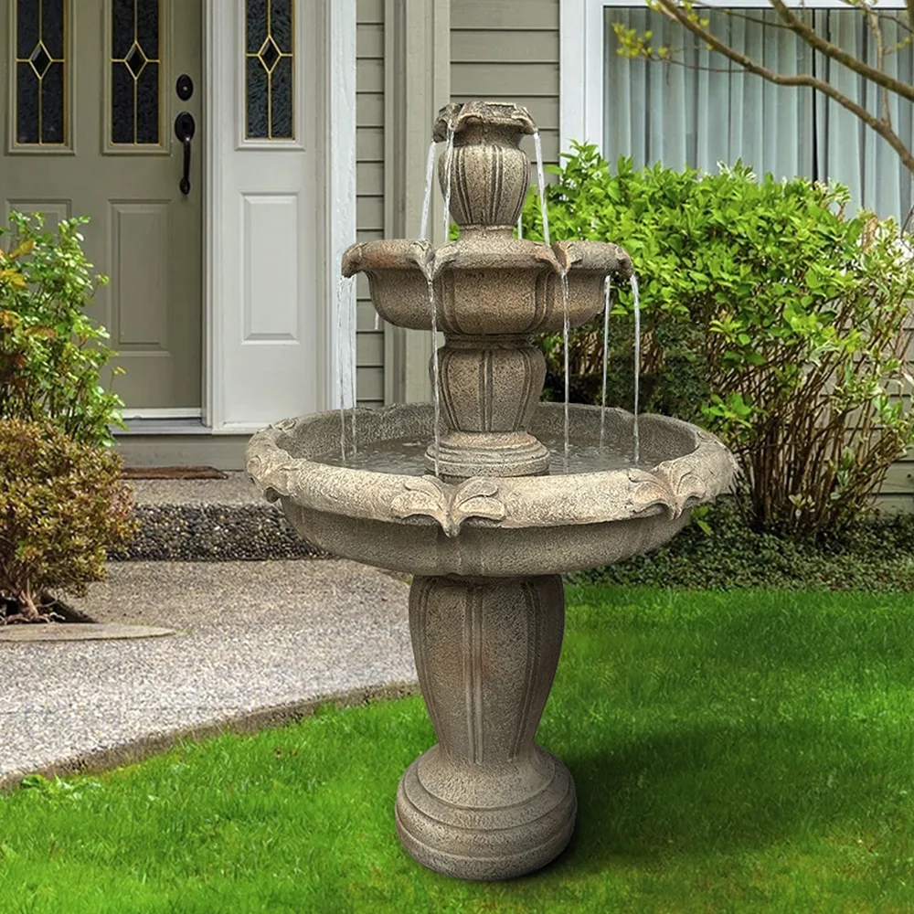 Indoor/Outdoor 3-Tiers Concrete Floor Water Fountain with Electric Pump for Patio Lawn Home Decor