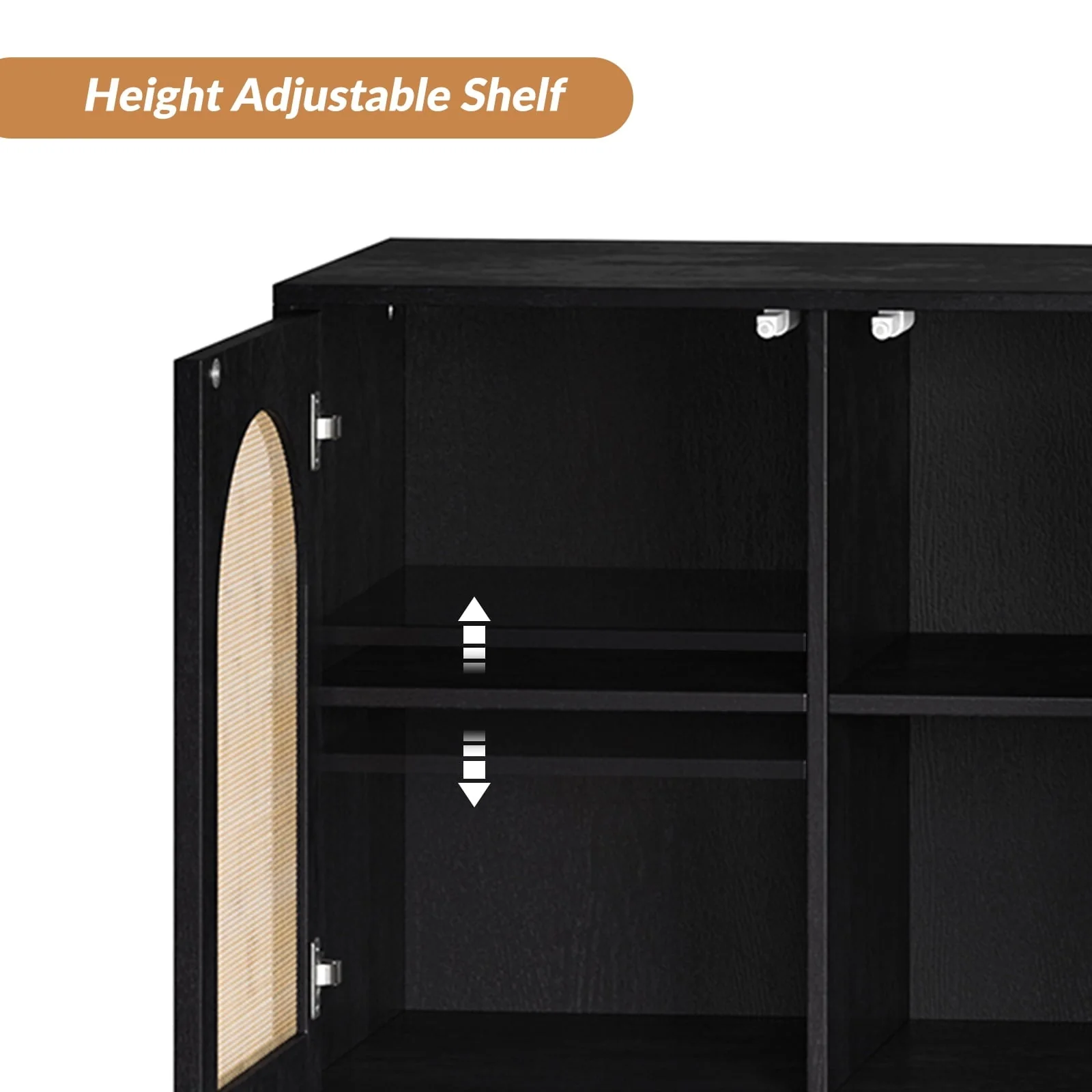 14 Karat Home 63" Wooden Sideboard 4 Doors Kitchen Storage Rattan Cabinet Living Room Adult Black