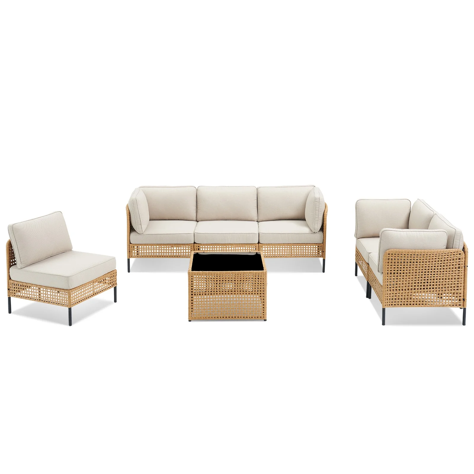 PPorfamilia Outdoor Modular Sectional Furniture Set, 7 Piece Natural PE Rattan Sofa Set with 2 Corner Chairs, 4 Middle Chairs, Side Table, and Beige Deep Seat Cushions, for Patio Backyard Deck