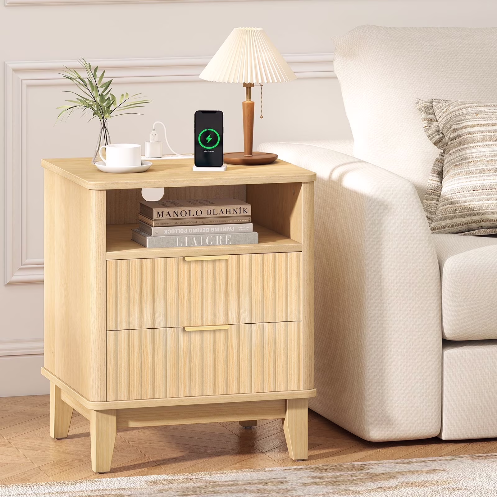 Night Stand with Charger Station, Fluted Nightstand with 2 Drawers and Storage Shelf, Mid Century Modern End Table for Bedroom Living Room,Natural